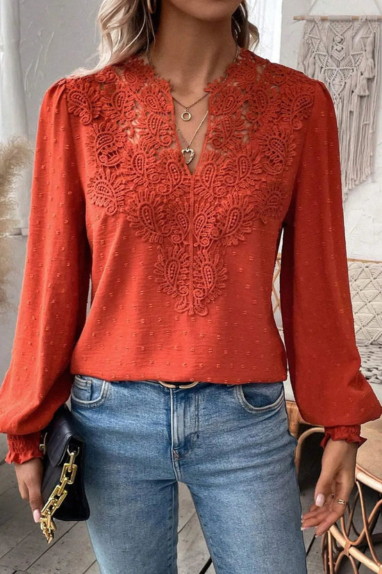 Swiss Dot Lace Detail Notched Long Sleeve Blouse 