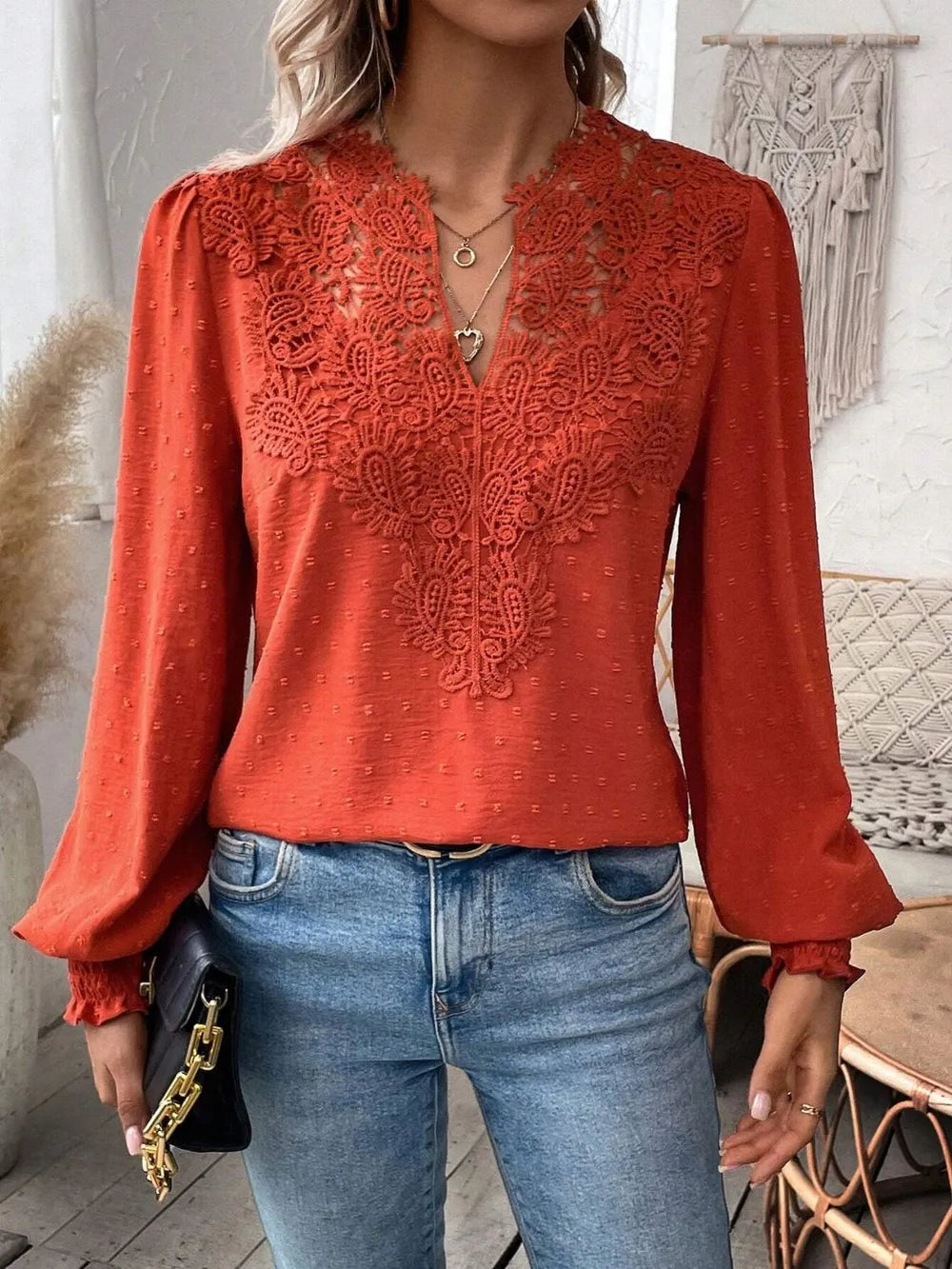 Swiss Dot Lace Detail Notched Long Sleeve Blouse 