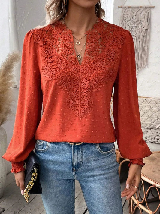 Swiss Dot Lace Detail Notched Long Sleeve Blouse 
