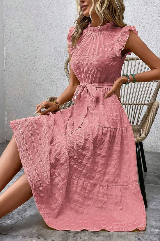 Tied Ruffled Cap Sleeve Midi Dress 