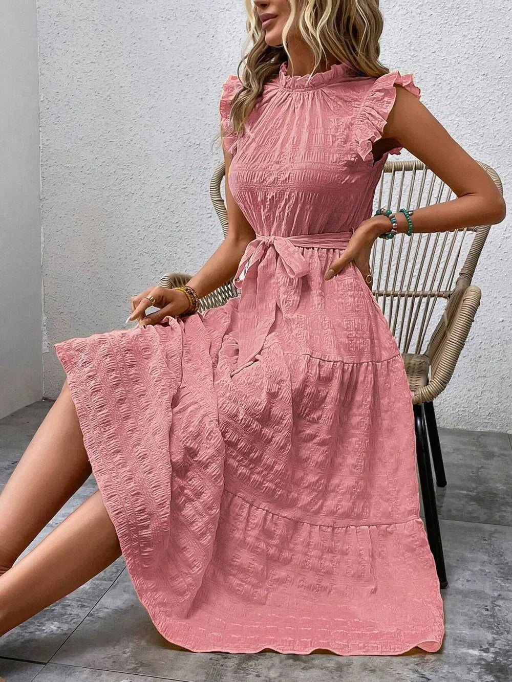 Tied Ruffled Cap Sleeve Midi Dress 