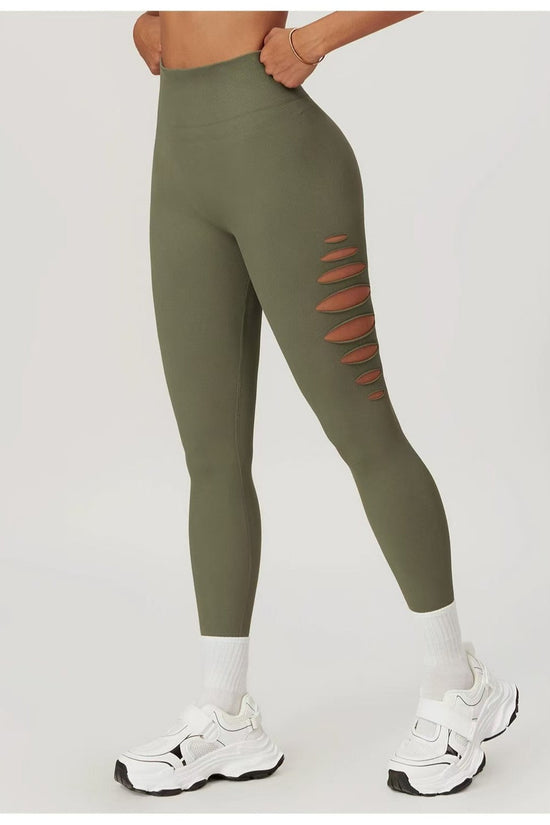 Style High Elastic Side Cut-Out Seamless Knit Butt-Lifting Fitness Pants Women High Waist Slim Yoga Pants Running Sports Long Pants 
