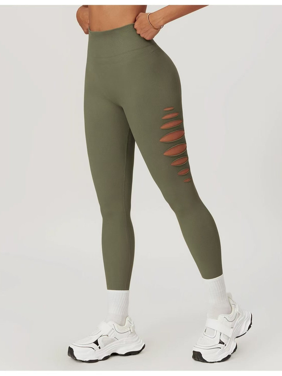 Style High Elastic Side Cut-Out Seamless Knit Butt-Lifting Fitness Pants Women High Waist Slim Yoga Pants Running Sports Long Pants 