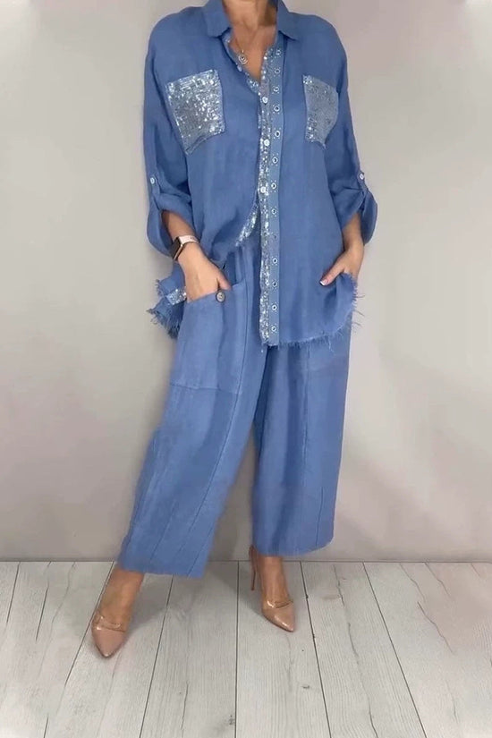 New Fashion Casual Women's Set with Pocket Placket and Gold Embellished Round Neck Design 