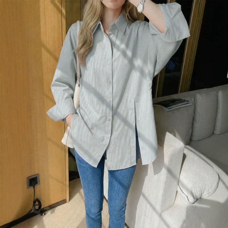New women's solid color long sleeved shirt with button side slit 