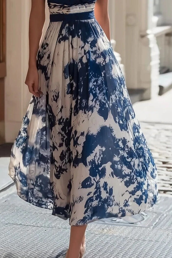 Elegant Long Sleeveless V-Neck Blue and White Porcelain Print Dress Summer Formal Dress 