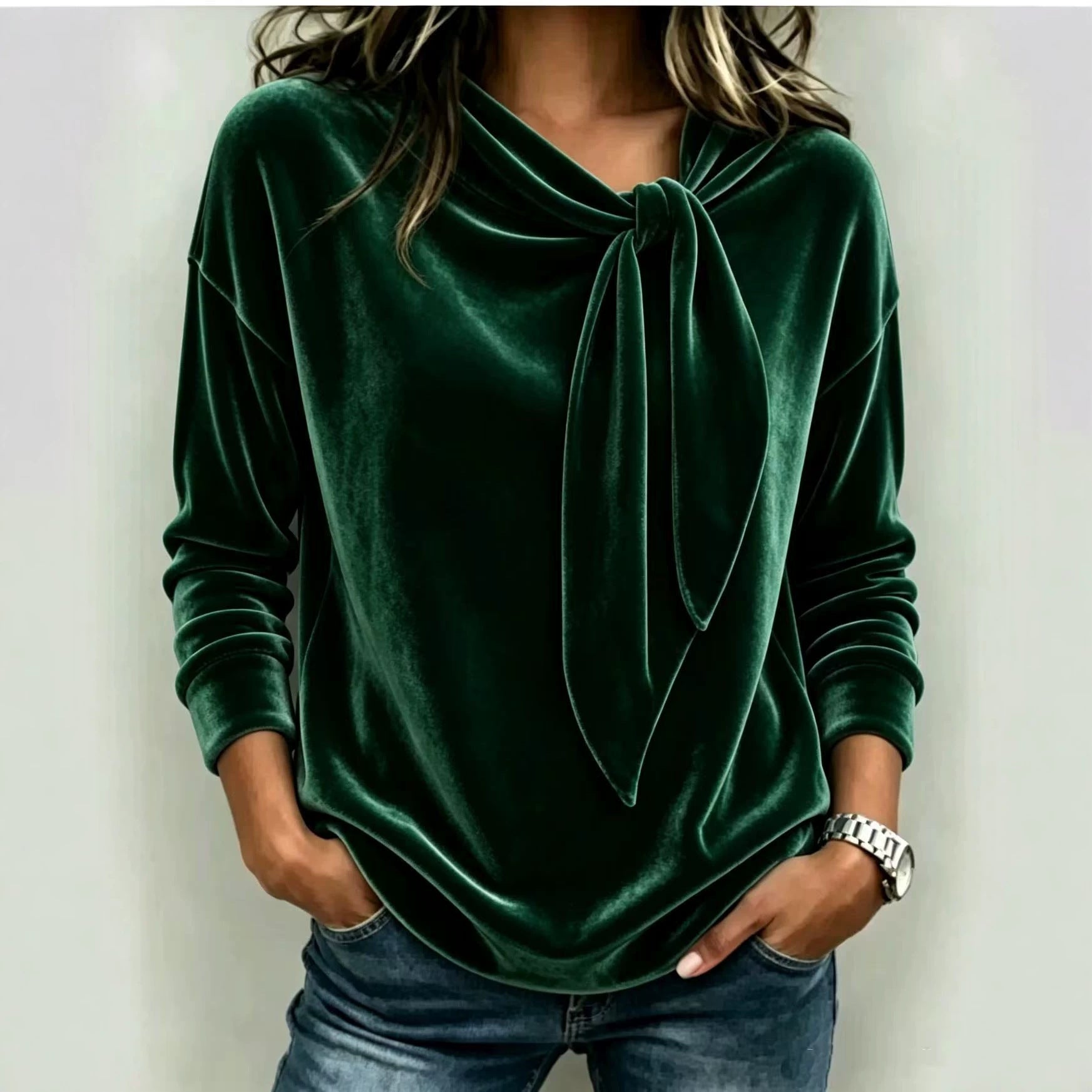Solid color long sleeved bow top 