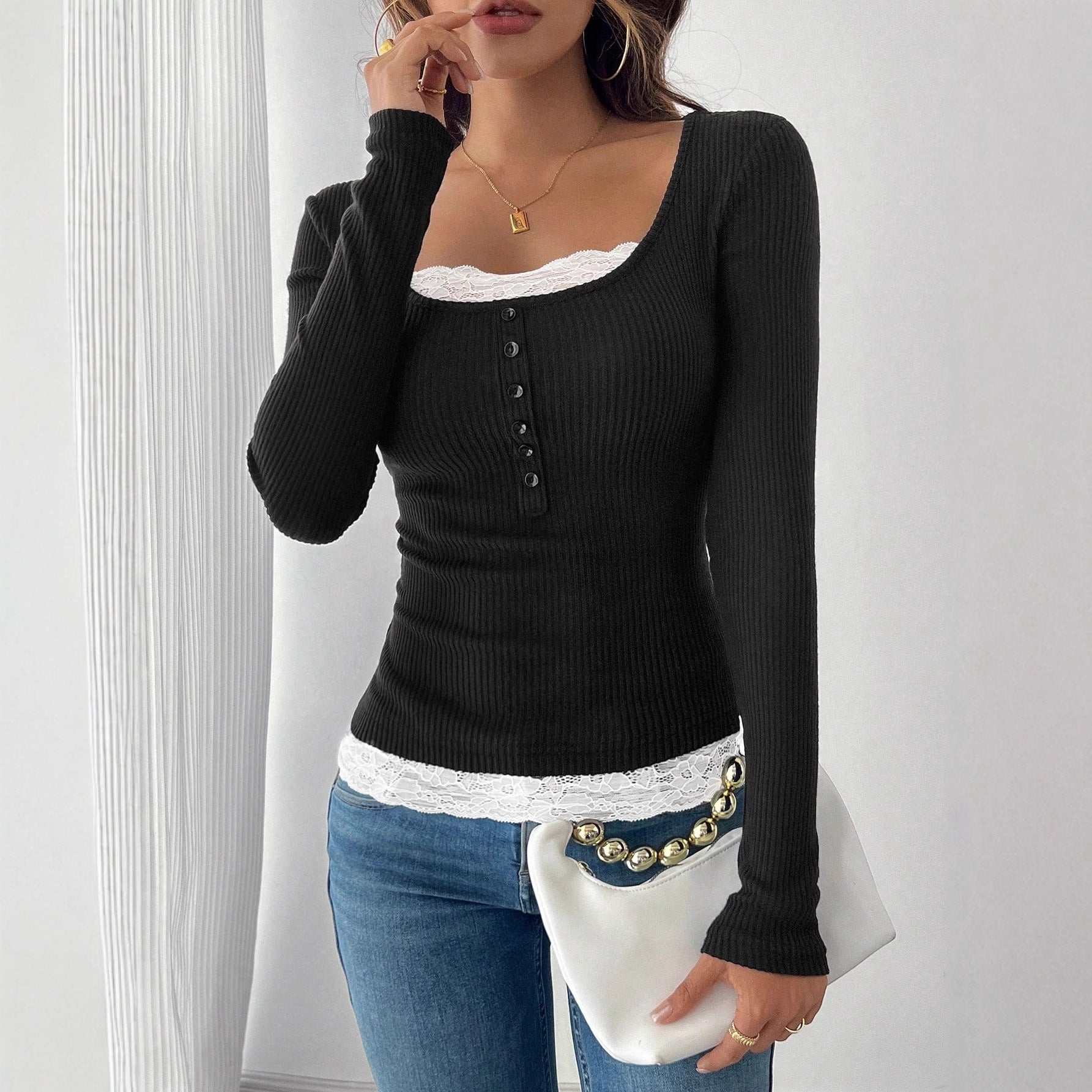 Fashion Simple Round Neck Lace Panel Single Button Slim Fit Long Sleeve Top 