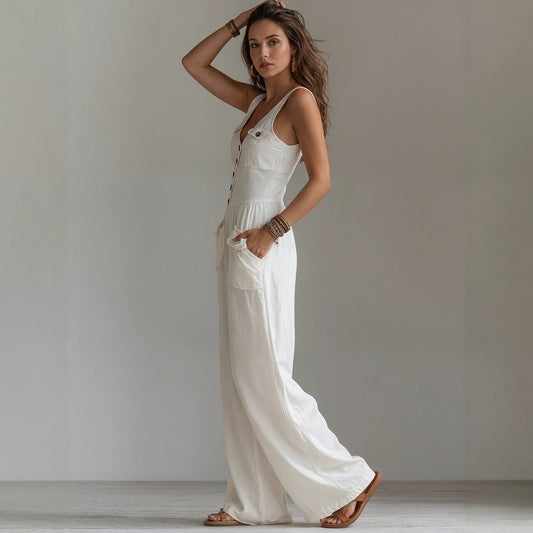 Summer pocket V-neck vest high waisted jumpsuit for women 