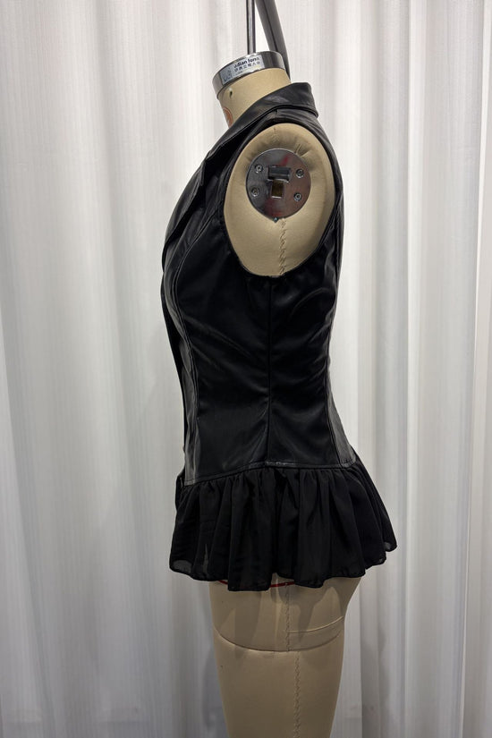 PU Leather Vest | Deep V Ruffle Hem Fitted Waist | Gothic Black 