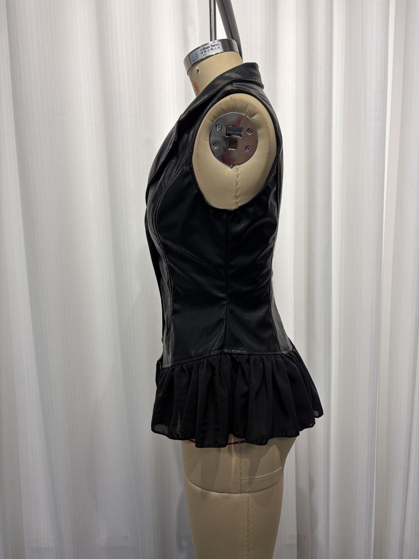 PU Leather Vest | Deep V Ruffle Hem Fitted Waist | Gothic Black 