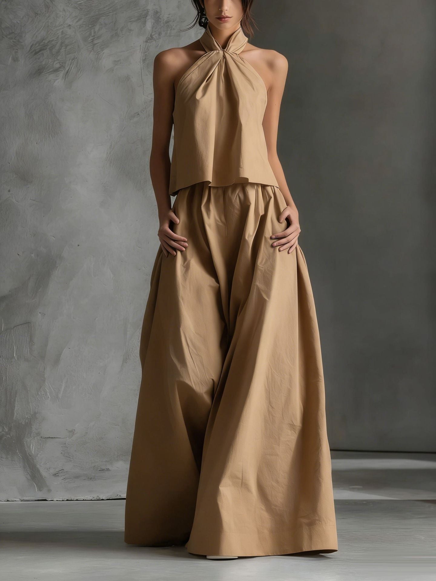 Loose Sleeveless Top High-Waisted Wide-Leg Pants Two-Piece Set for Women 