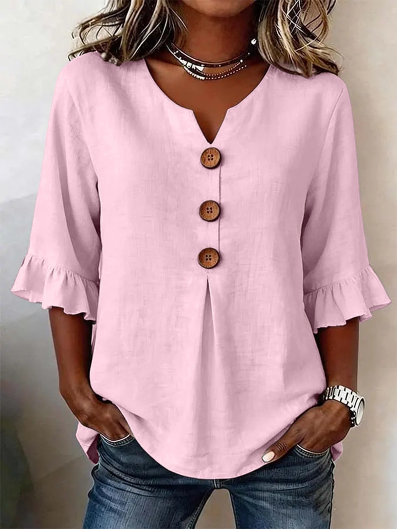Fashionable Cotton Linen V-Neck Button-Up Blouse for Women Summer Casual Top 