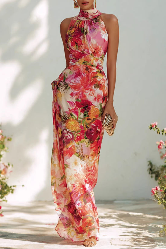 Elegant Floral Strapless Sleeveless Fitted Chiffon Dress 