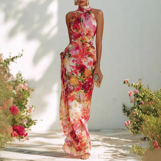 Elegant Floral Strapless Sleeveless Fitted Chiffon Dress 