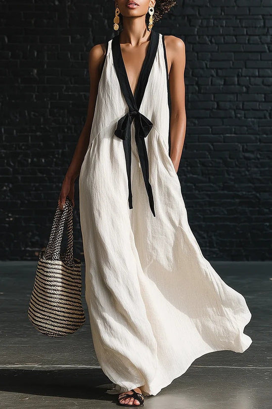 V-neck Strapless Sleeveless Resort-Style Long Simple Elegant Dress 