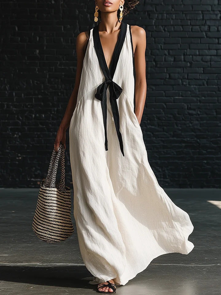 V-neck Strapless Sleeveless Resort-Style Long Simple Elegant Dress 