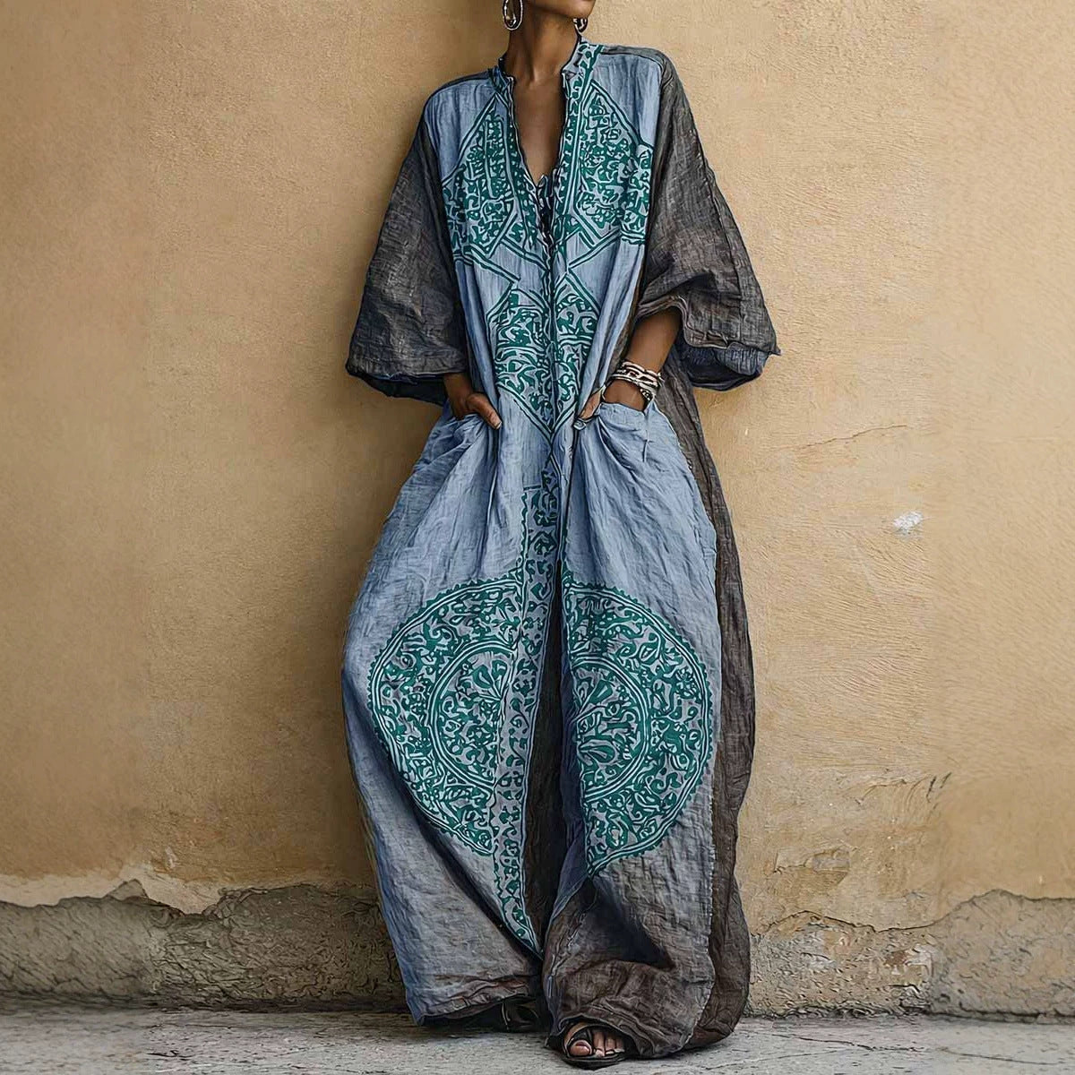 Printed Bohemian style wide leg jumpsuit for women 