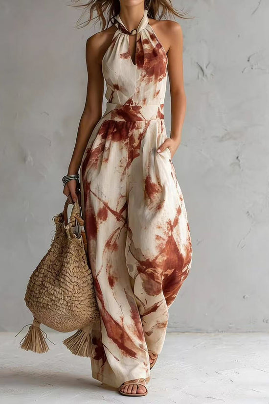 New halter backless jumpsuit, blue and white tie-dye wide-leg pants, summer beach women's wear 