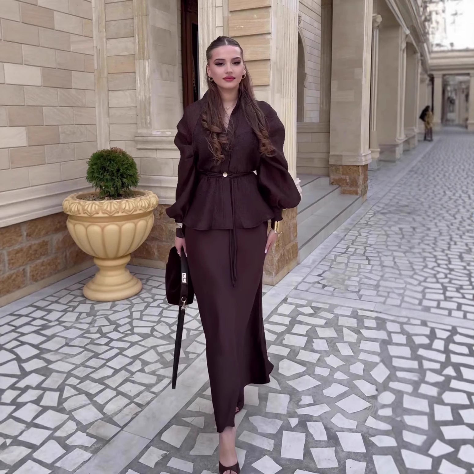 Chic V-Neck Fitted Long Sleeve Cardigan Top with High-Waisted Skirt Set for Women 