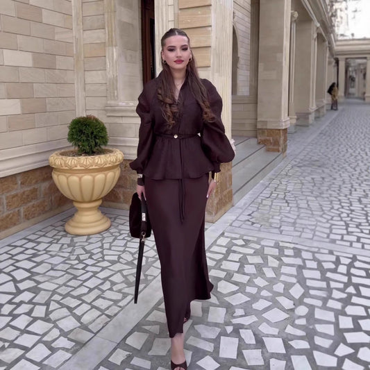Chic V-Neck Fitted Long Sleeve Cardigan Top with High-Waisted Skirt Set for Women 