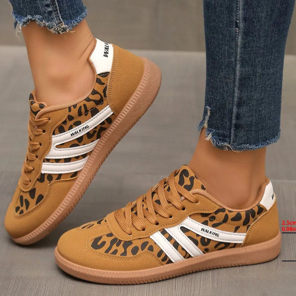 Leopard Round Toe Lace Up Sneakers 
