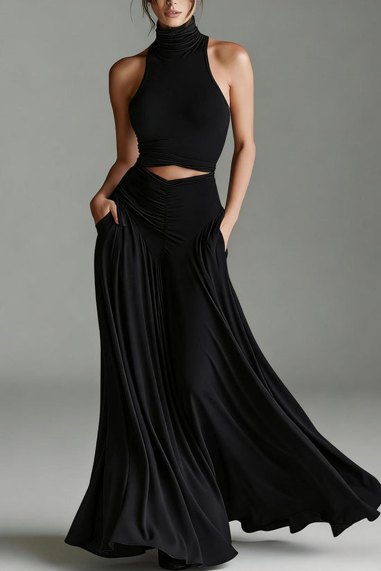 Style Sleeveless High Neck Top with Elegant Long Dress Two-Piece Set