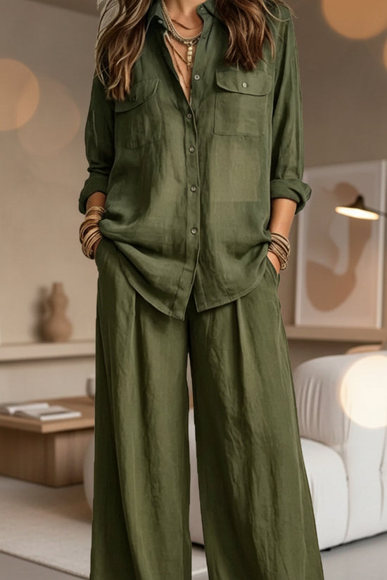 Chic Linen Set for Women, Breathable Lightweight Long Sleeve Shirt with Drapey Wide-Leg Pants, Vacation Style Casual Outfit 