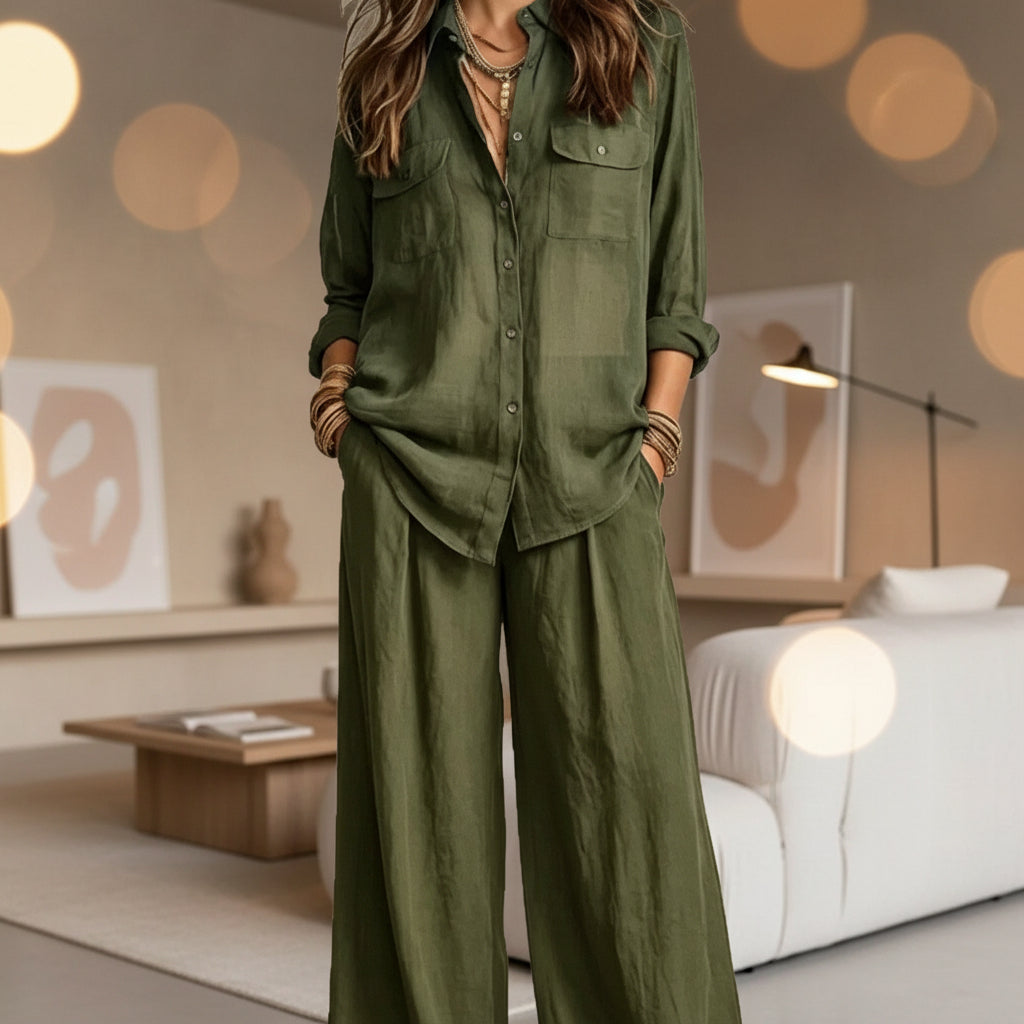 Chic Linen Set for Women, Breathable Lightweight Long Sleeve Shirt with Drapey Wide-Leg Pants, Vacation Style Casual Outfit 