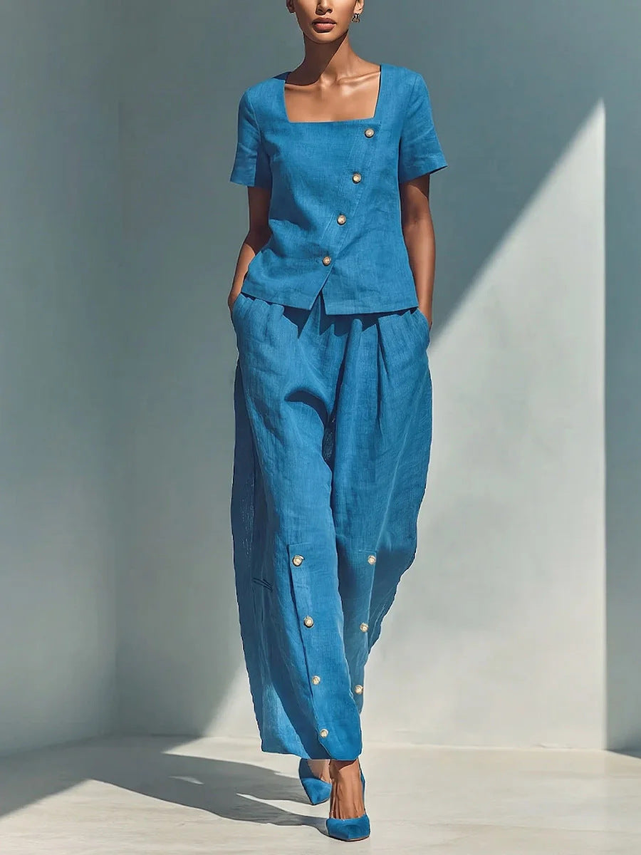 Womens Loose Short-Sleeve Top And High-Waist Pants Two-Piece Set 