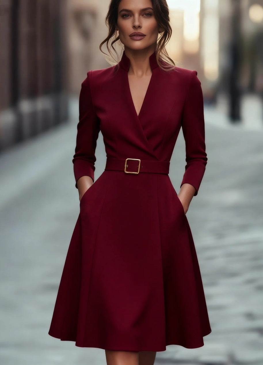 Solid Color Waist V-Neck Long Sleeve Swing Dress, Women's Autumn Winter Dress 