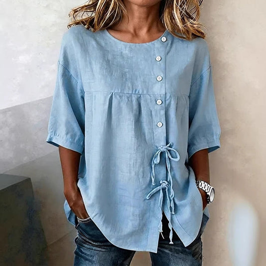 Lace-up Button New Solid-color Shirt 
