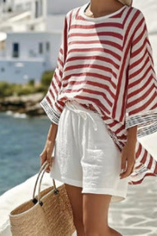 Japanese-style Vertical Stripe Ramie Bamboo Fiber Top Womens Set 