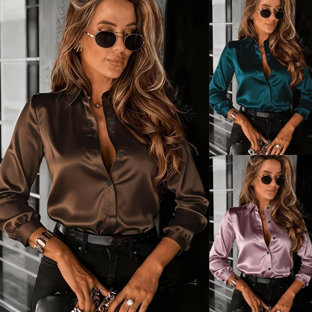 Commuter Drapey Satin Long-Sleeve Lapel Shirt For Women 