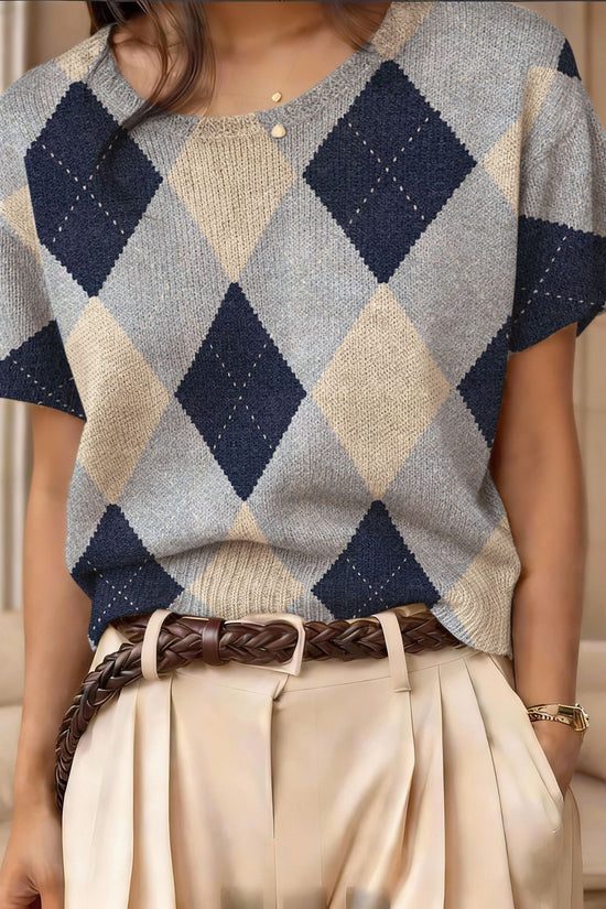 Retro Short-Sleeve Sweater Contrast-Color Jacquard Knit Top 