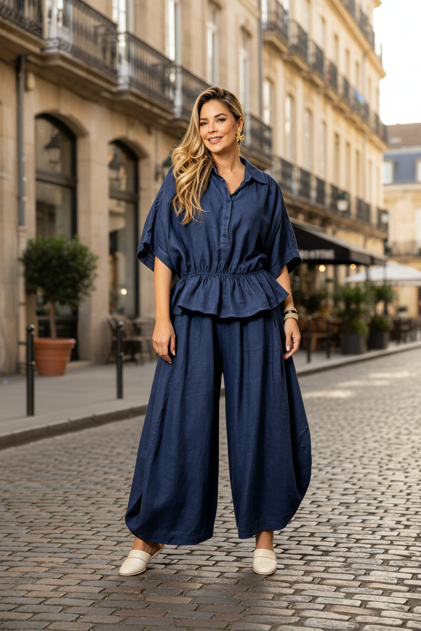 Plus-size Womens Loose Casual Belted Shirt And Wide-leg Pants Set 