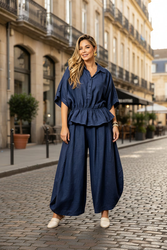 Plus-size Womens Loose Casual Belted Shirt And Wide-leg Pants Set 