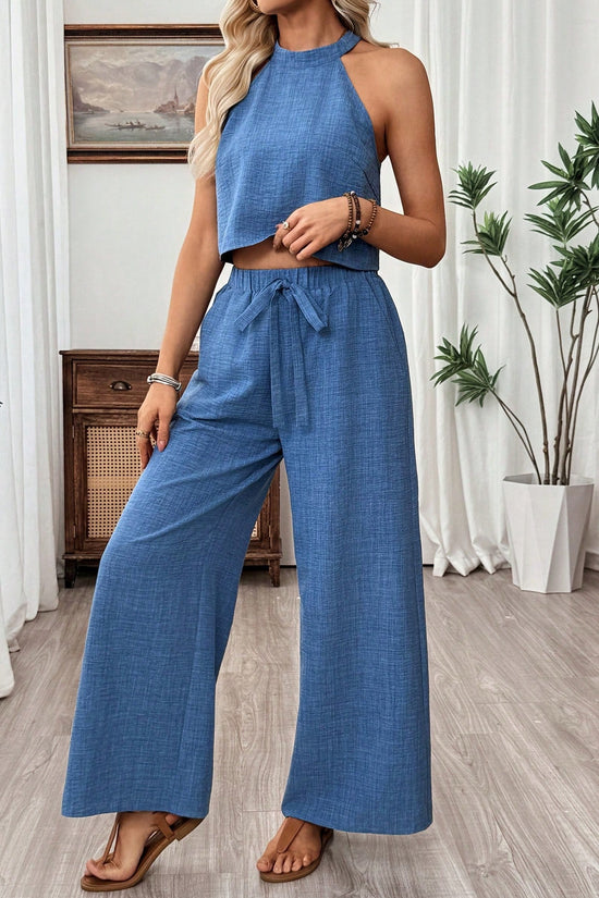 Neck-hanging Sleeveless Cropped Top And Wide-leg Pants Set 