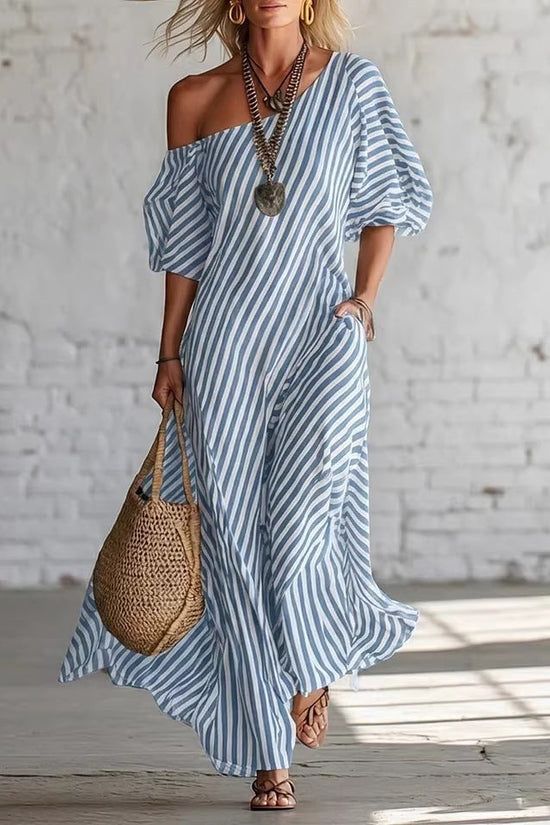 Womens Striped Off-shoulder Dress 