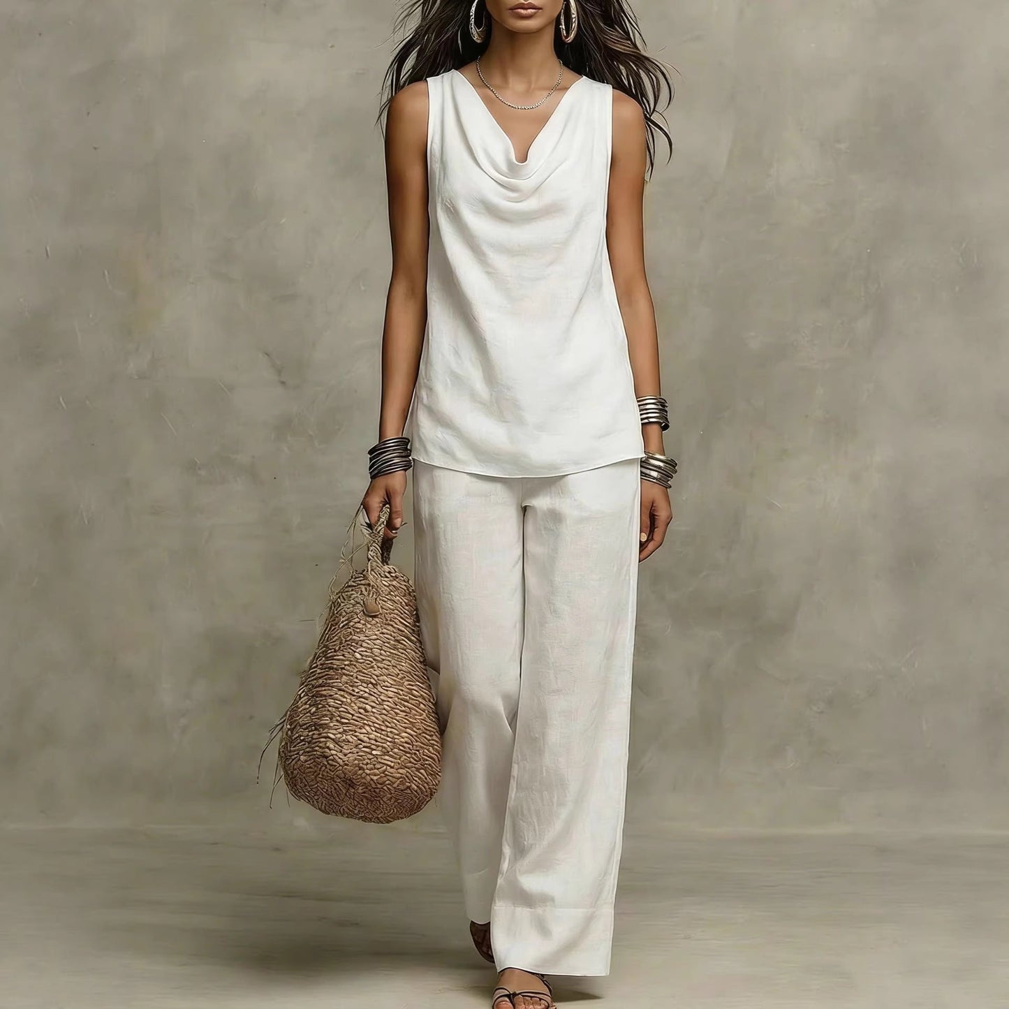 Womens Slash-Neck Sleeveless Tank Top And Casual Pants Set 