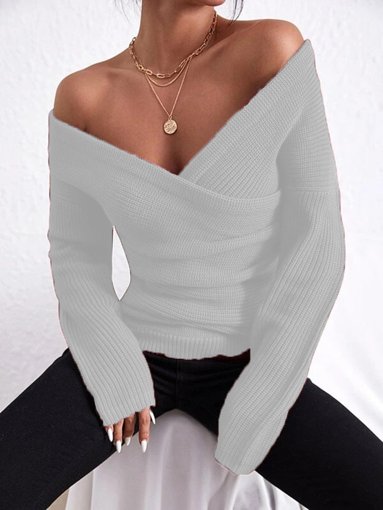 Crew-neck Off-shoulder Casual Cross-over Fitted Knit Sweater 