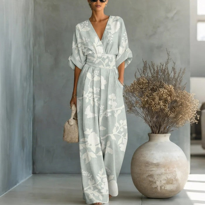 Waist-cinched V-neck Printed Womens Jumpsuit 