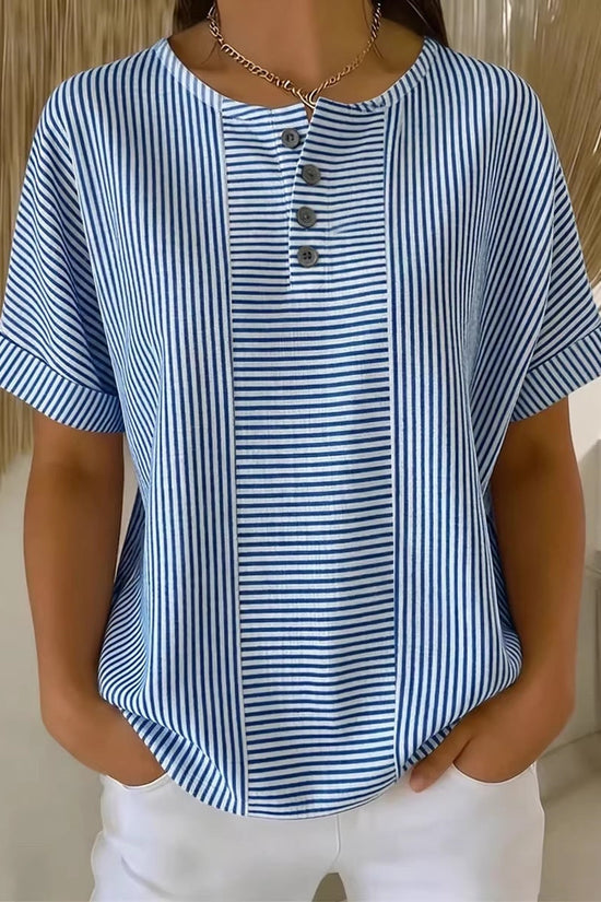 Casual Solid Color V-Neck Buttoned Striped Cotton-Linen T-Shirt 