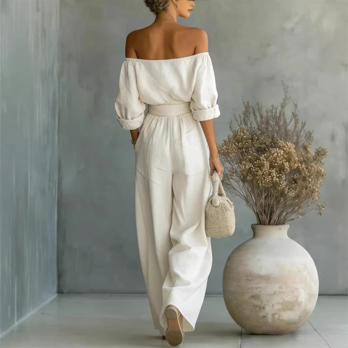 Casual Two-Piece Womens Outfit Off-Shoulder Top And Wide-Leg Pants Set 
