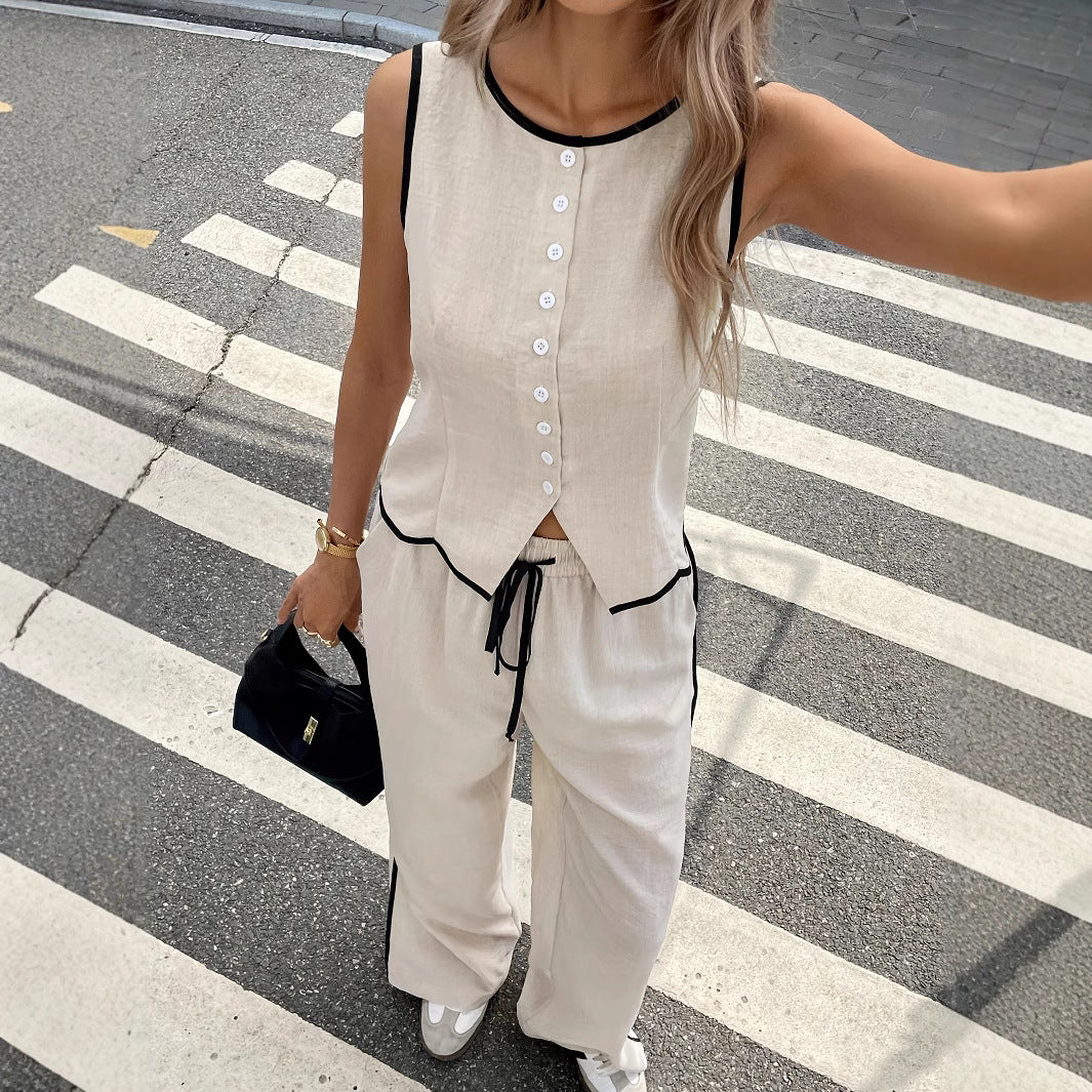 Women's Contrast Color Sleeveless Single-breasted Vest And Drawstring Trousers Suit 