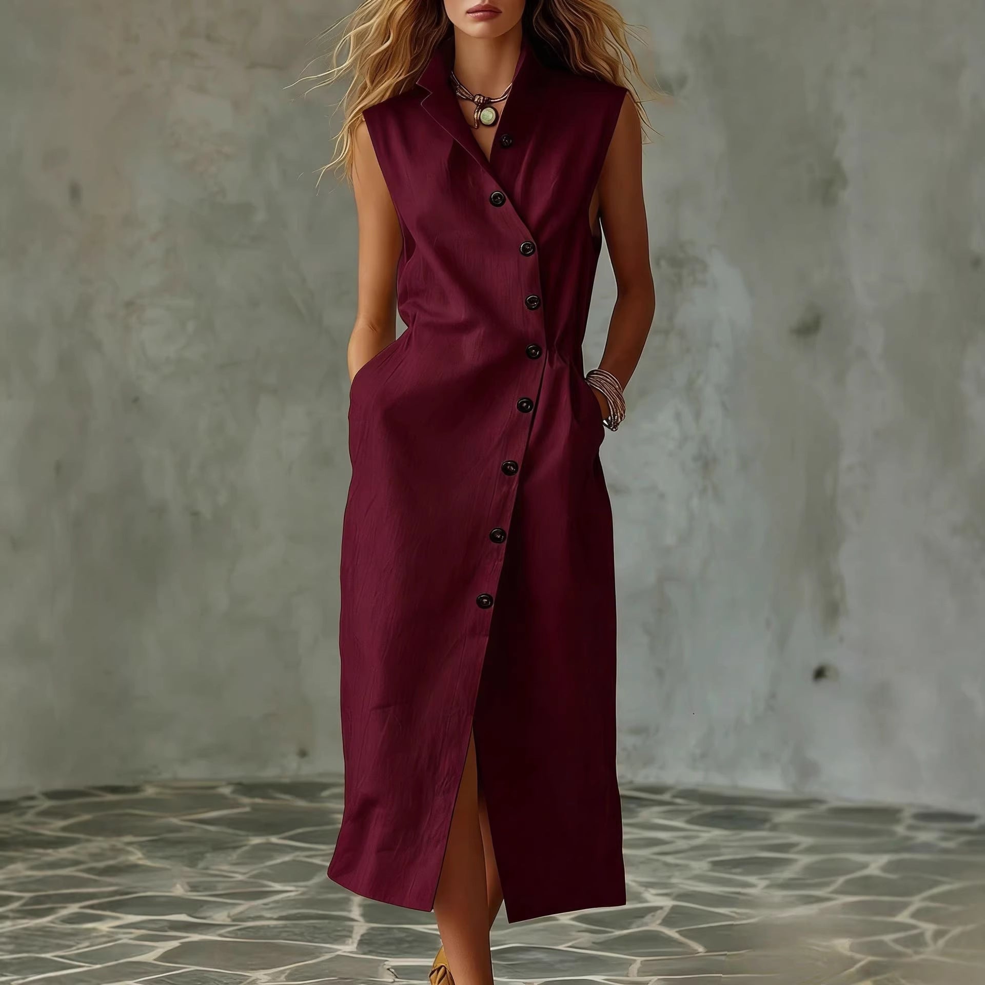 Slim-fit Elegant Single-breasted Dress With A Stand-up Collar For Women 