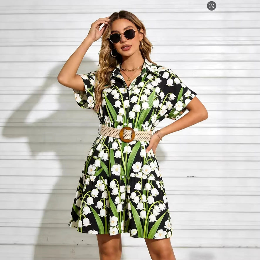 Womens Slimming Belt Short-Sleeve Dress 