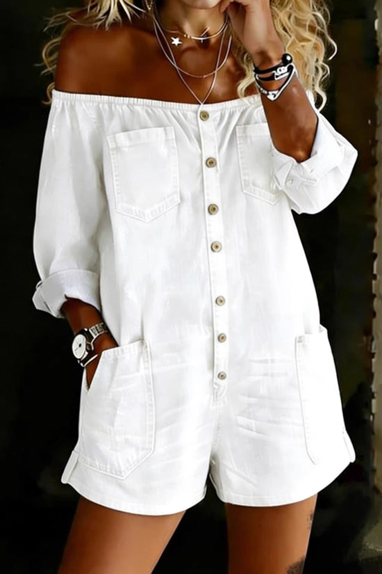 Fashionable Retro Off-Shoulder Long-Sleeve Loose Washed Denim Jumpsuit 
