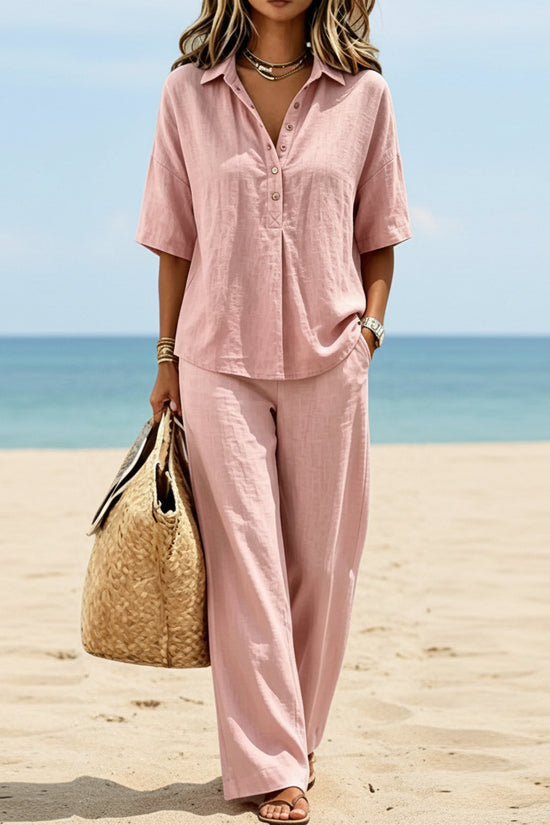 Womens Polo-Neck Button-Up Top And Wide-Leg Pants Two-Piece Set 