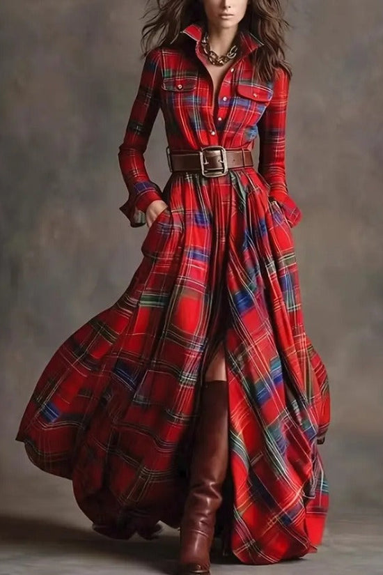 Ins Plaid Print Long-Sleeved Dress Fashion Pockets Collared Buttons Shirt Long Dresses Retro Women's Clothing 